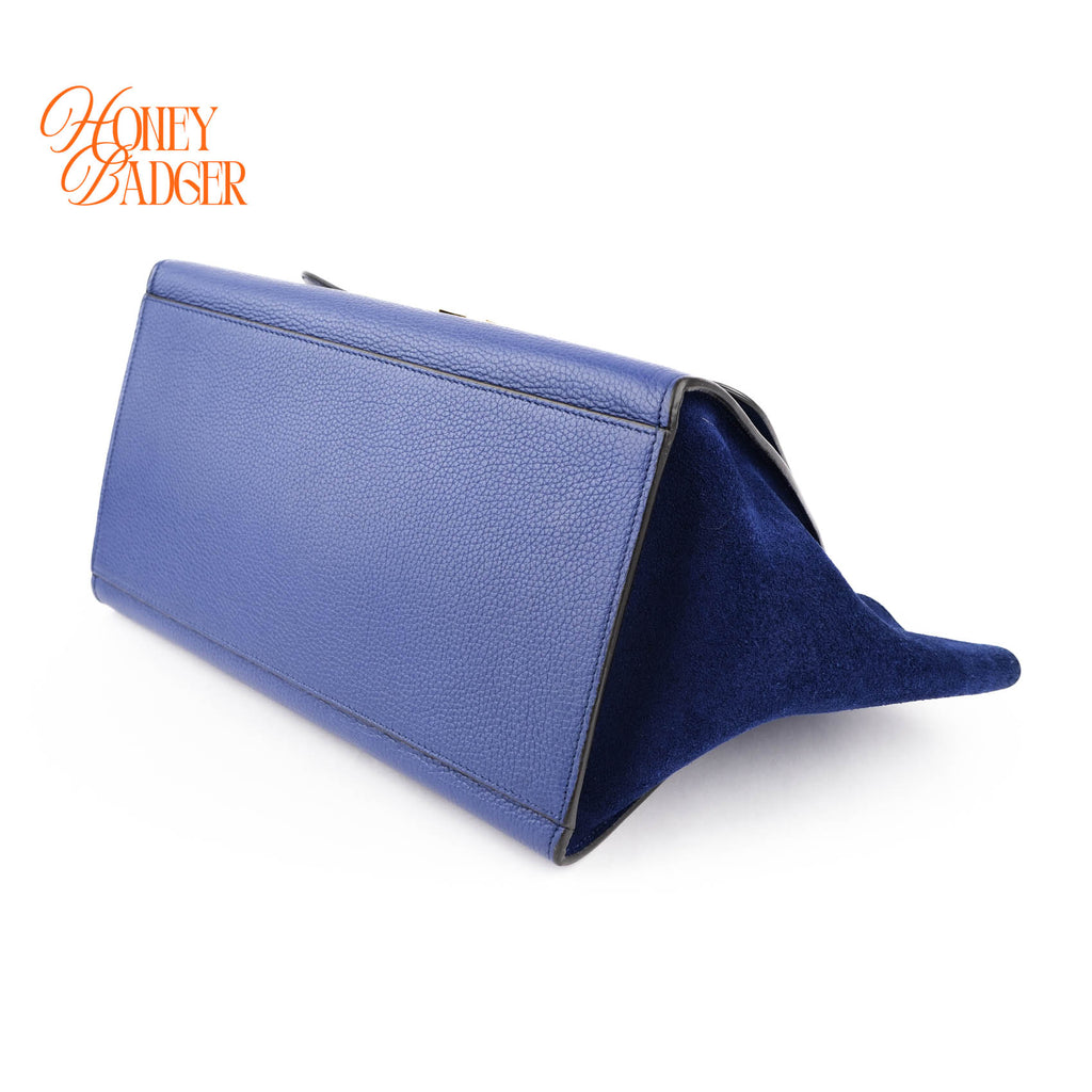 Celine Medium Trapeze 2WAY Handle Bag Blue Drummed Leather Suede Gold Hardware
