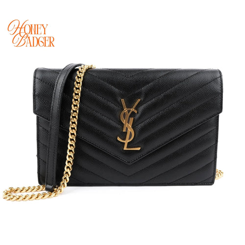 Saint Laurent Cassandre Envelope Chain Wallet Grain de Poudre Leather Black Gold Hardware Rank A