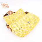 Fendi Mamma Baguette Raffia Crochet Yellow Brown Shoulder Bag Rank AB
