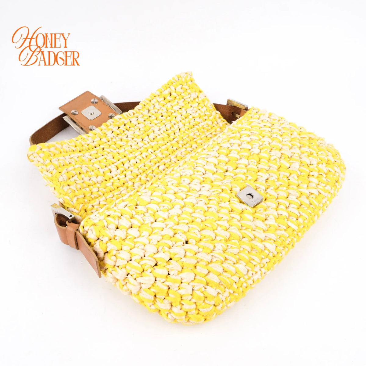 Fendi Mamma Baguette Raffia Crochet Yellow Brown Shoulder Bag Rank AB