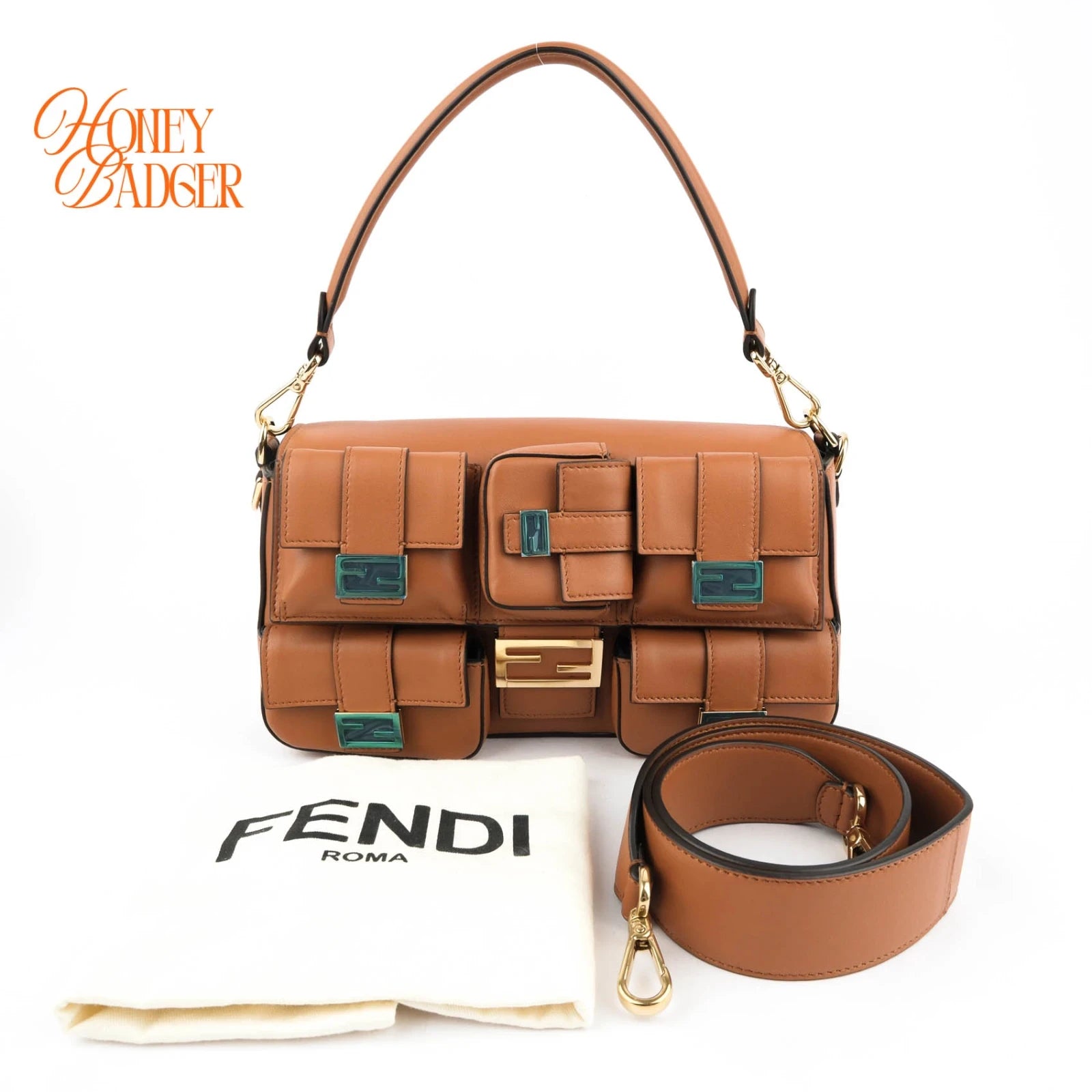 Fendi Multi-Pocket Baguette Smooth Leather Camel Rank A