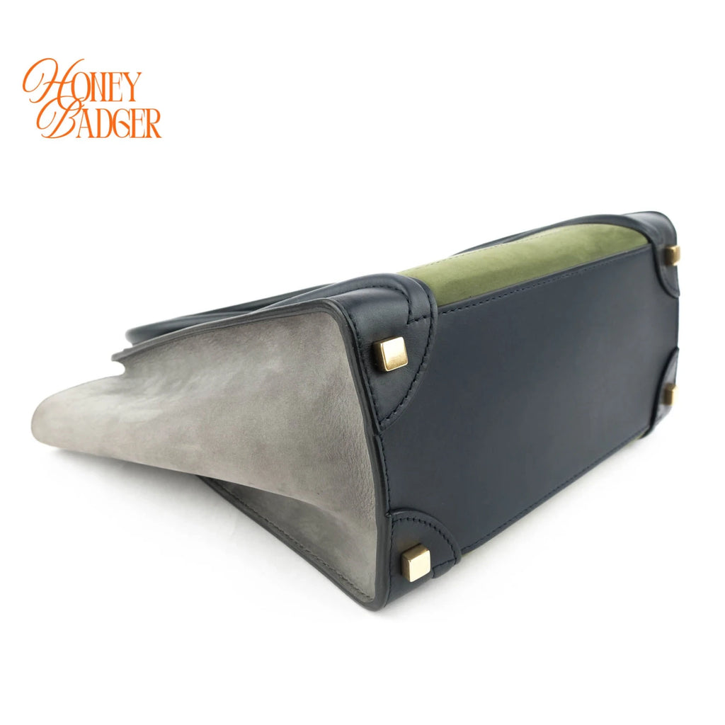 Celine Micro Luggage Tri-Color Suede & Calfskin Navy Green Grey Rank A