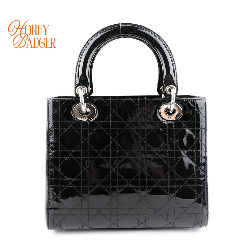 Dior Lady Dior Medium Patent Leather Black Silver Hardware Rank A