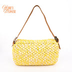 Fendi Mamma Baguette Raffia Crochet Yellow Brown Shoulder Bag Rank AB