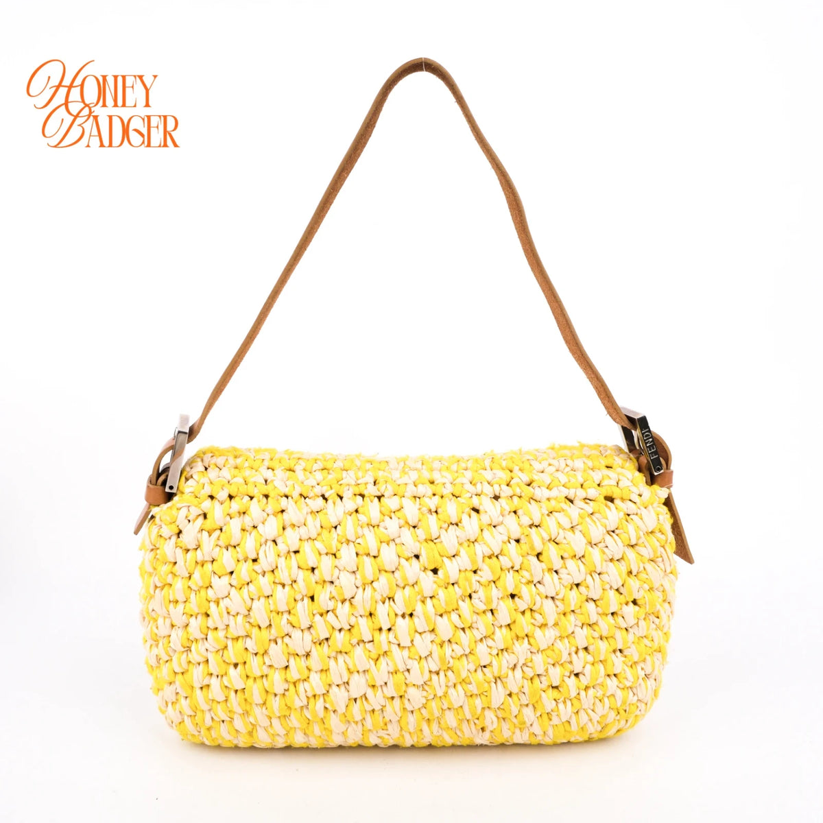 Fendi Mamma Baguette Raffia Crochet Yellow Brown Shoulder Bag Rank AB