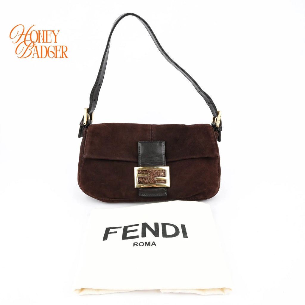 Fendi Baguette Suede Brown Glitter FF Buckle Gold Hardware Rank A