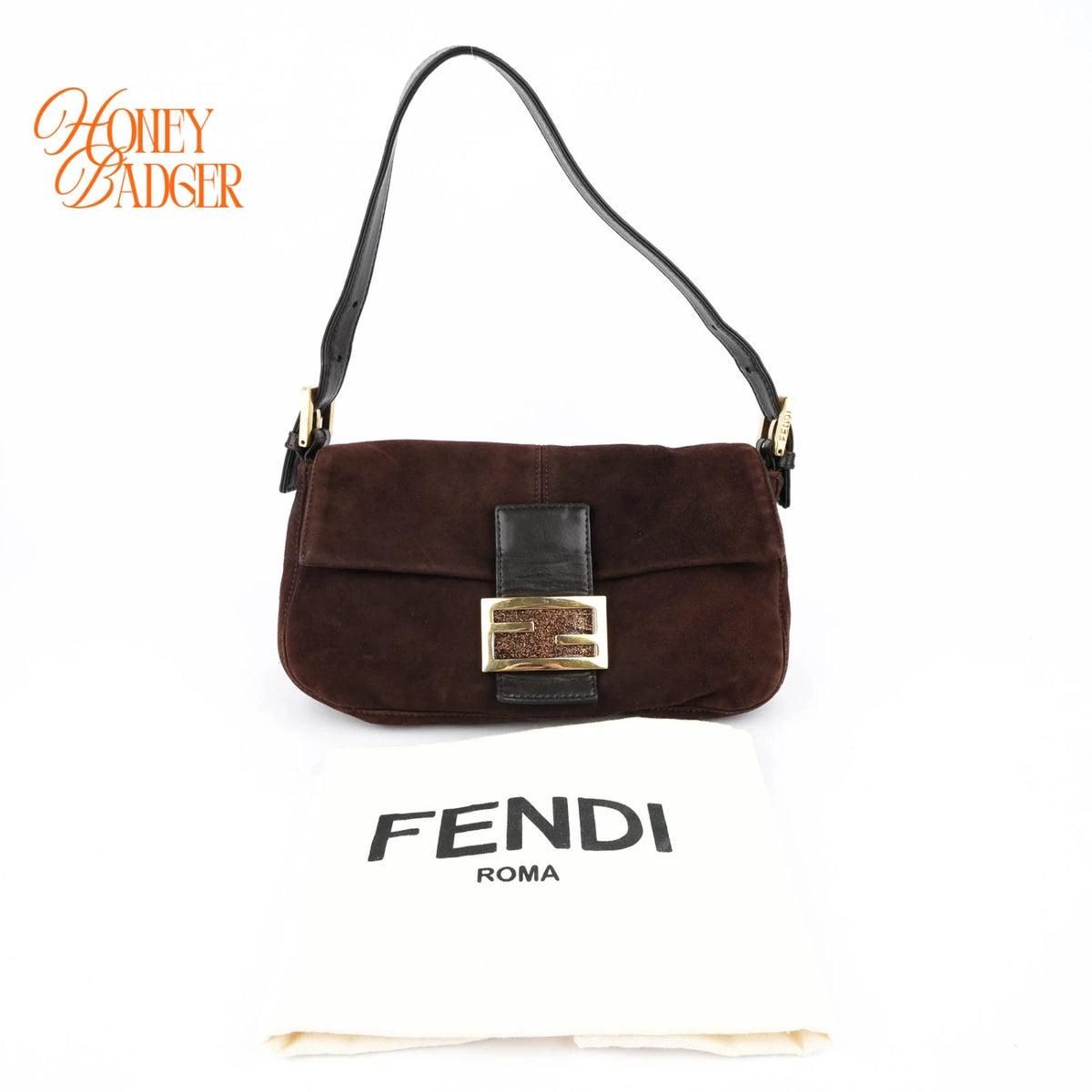 Fendi Baguette Suede Brown Glitter FF Buckle Gold Hardware Rank A