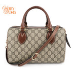 Gucci Small GG Supreme Boston Bag Beige/Ebony Brown Leather Gold Hardware Rank AB