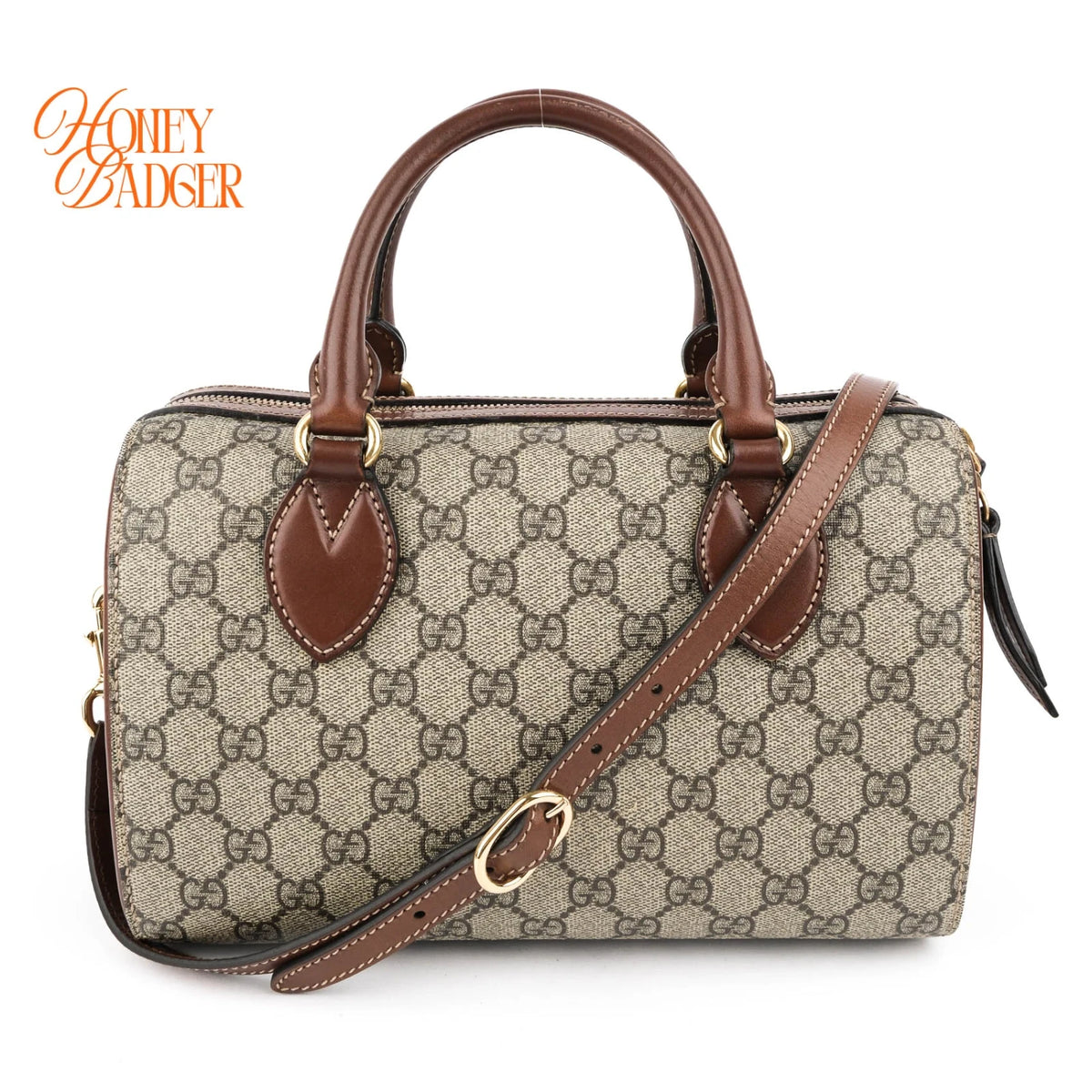 Gucci Small GG Supreme Boston Bag Beige/Ebony Brown Leather Gold Hardware Rank AB