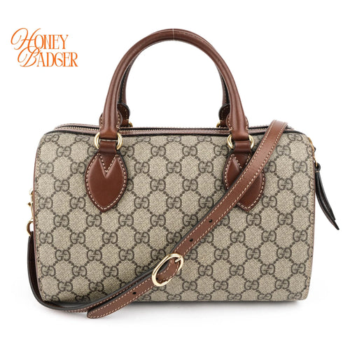 Gucci Small GG Supreme Boston Bag Beige/Ebony Brown Leather Gold Hardware Rank AB