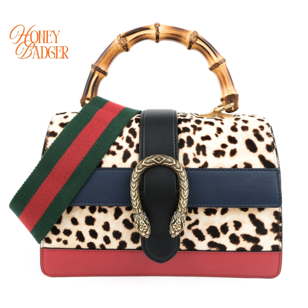 Gucci Dionysus Bamboo Top Handle Medium Leopard Calf Hair Multicolor Gold Hardware Rank A