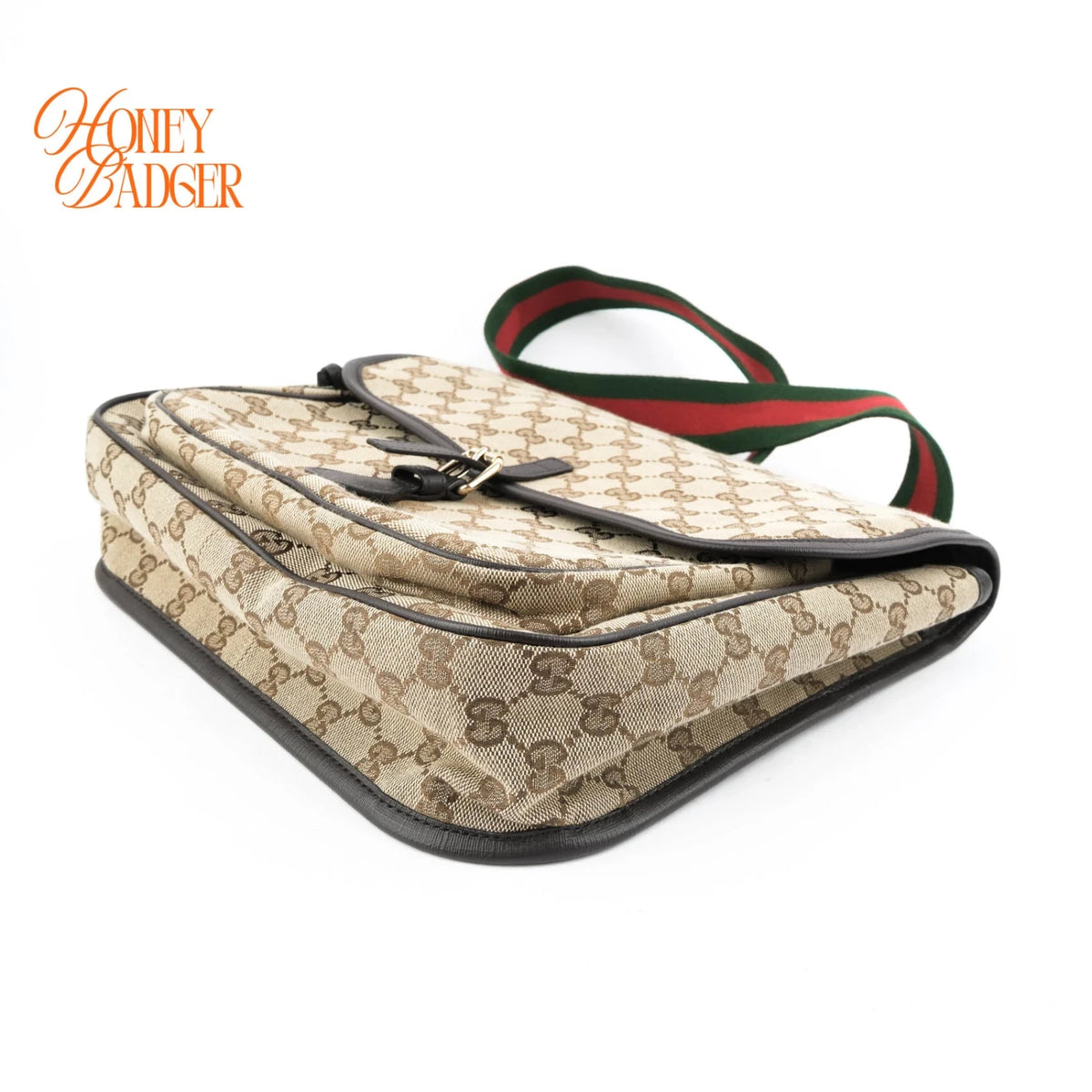 Gucci Original GG Canvas Web Single Buckle Flap Messenger Beige Rank A