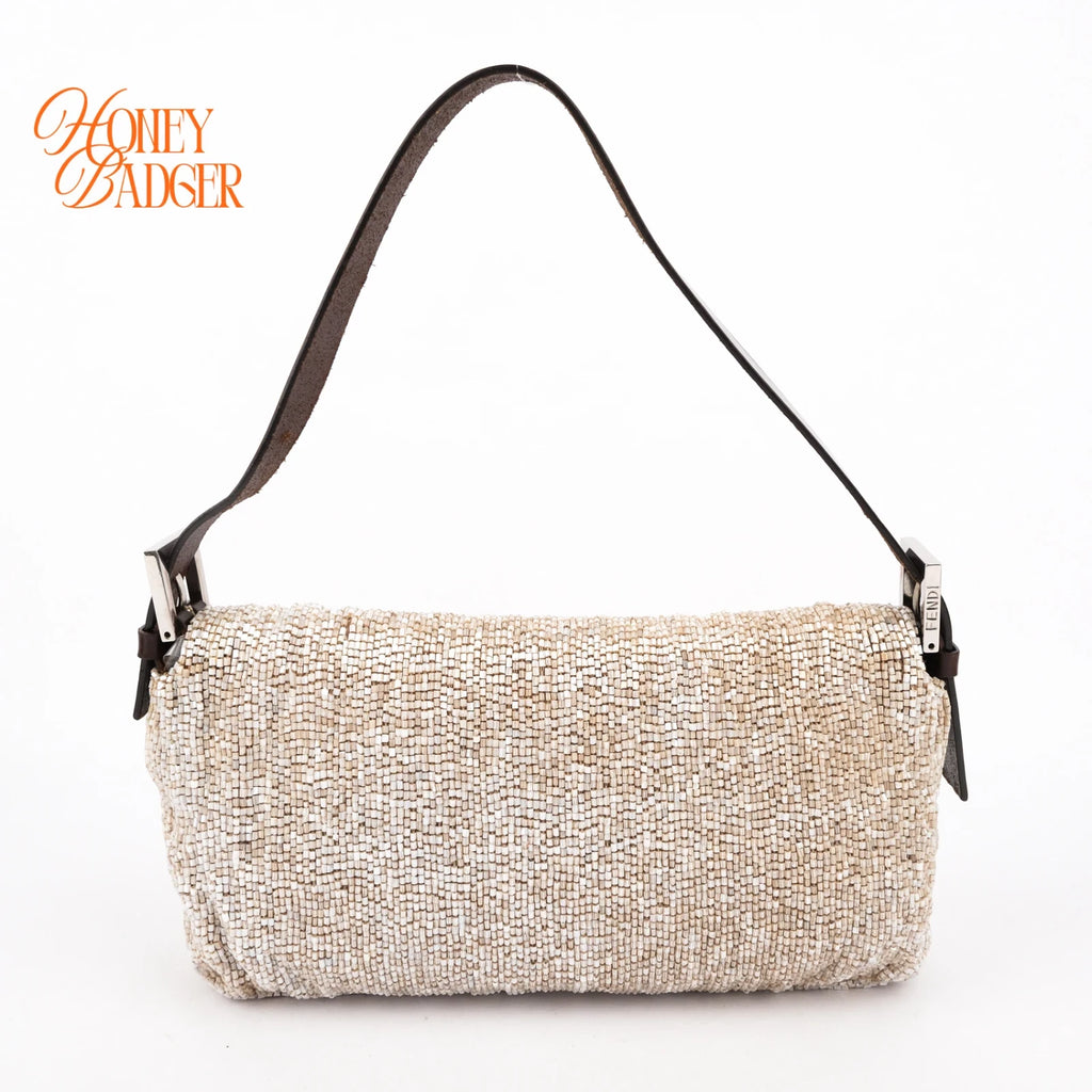 Fendi Baguette 26424 Beaded Embroidery Off-White/Dark Brown Rank B