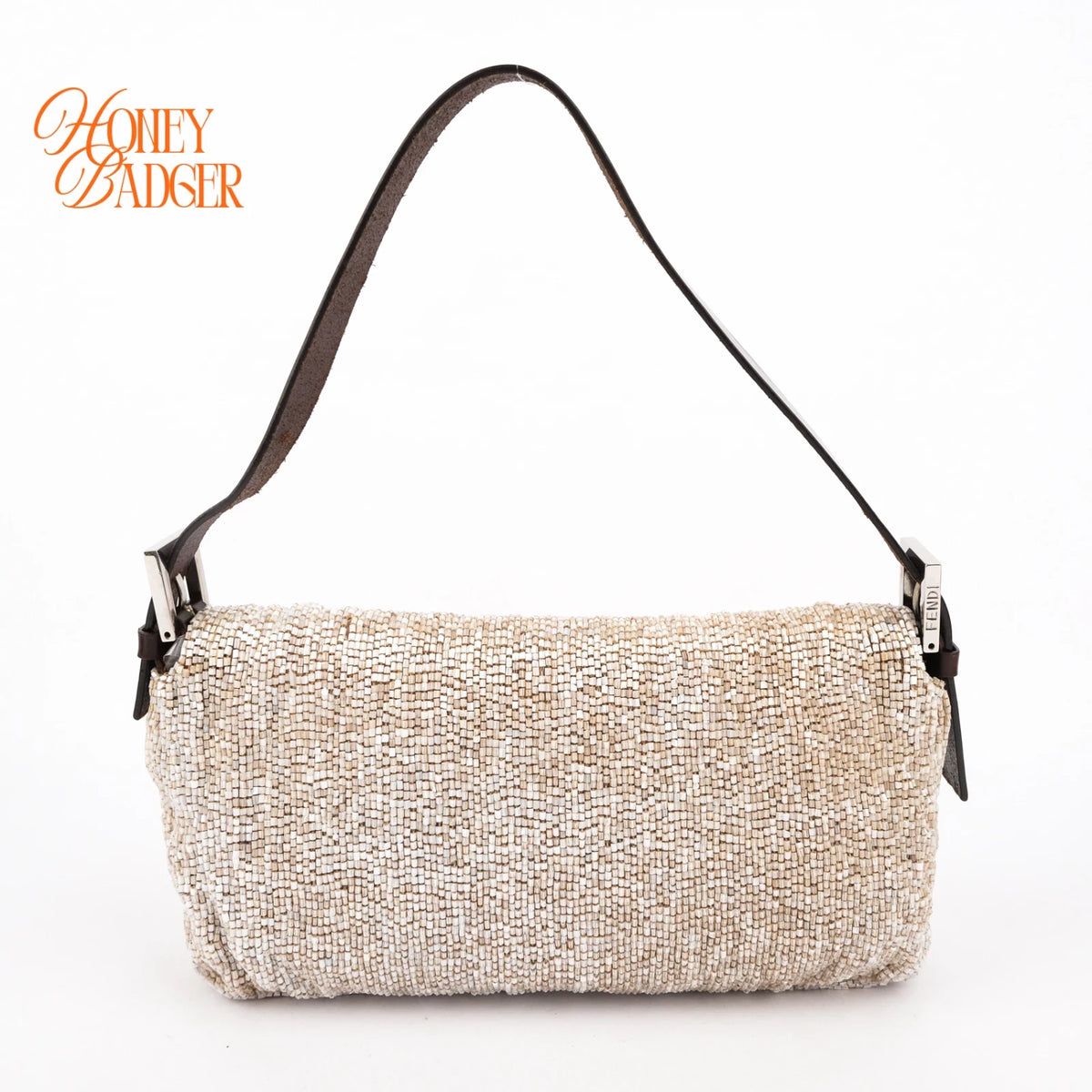 Fendi Baguette 26424 Beaded Embroidery Off-White/Dark Brown Rank B