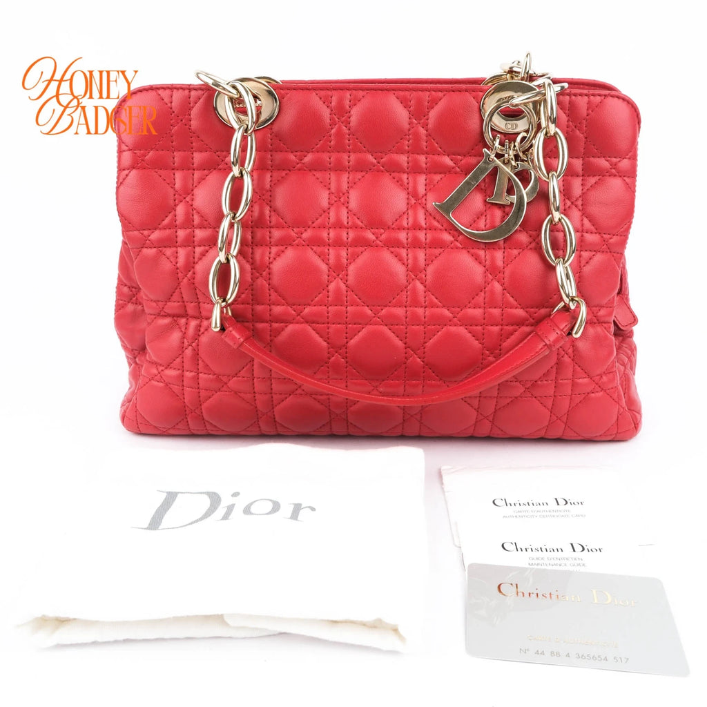 Dior Soft Shopping Tote Cannage Lambskin Red Gold Hardware Rank AB