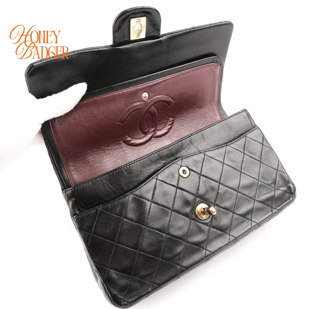Chanel Classic Double Flap Medium 25 Lambskin Black Gold Hardware Rank AB