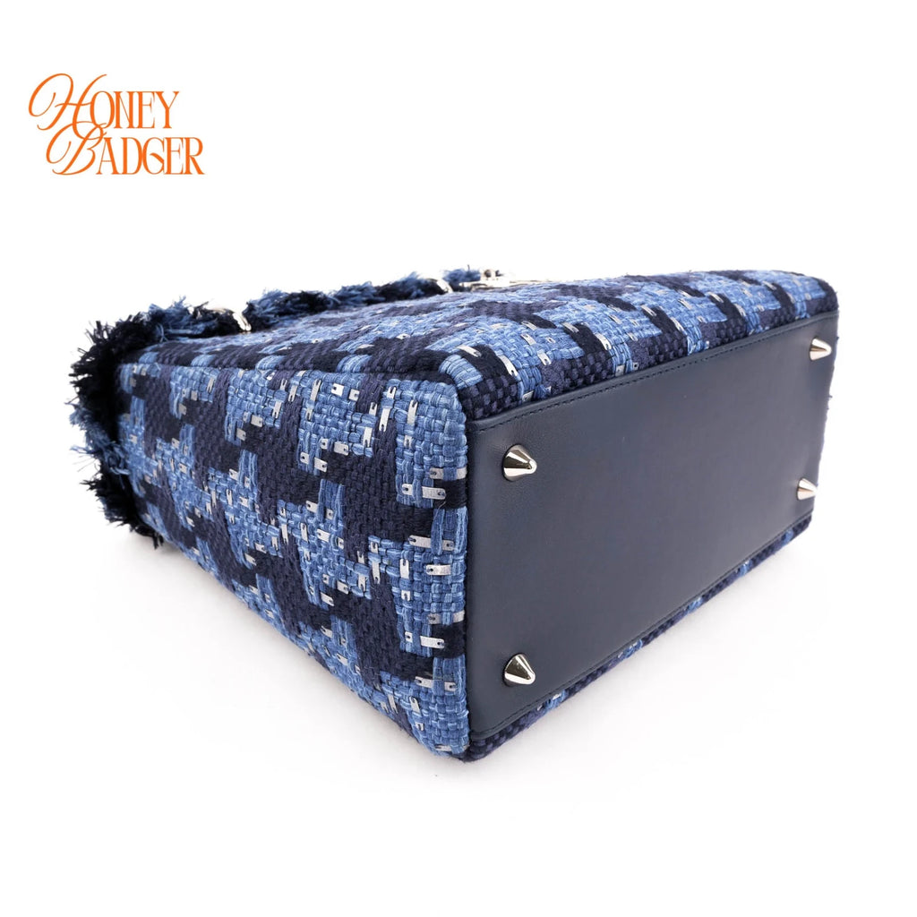 Dior Lady Dior Medium Tweed Navy Blue Silver Hardware Rank A
