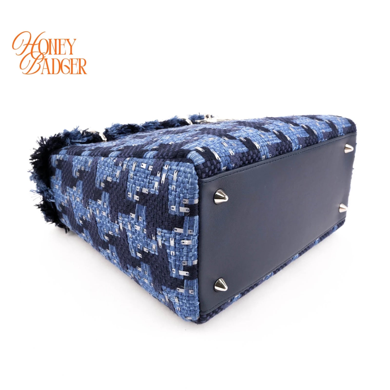 Dior Lady Dior Medium Tweed Navy Blue Silver Hardware Rank A