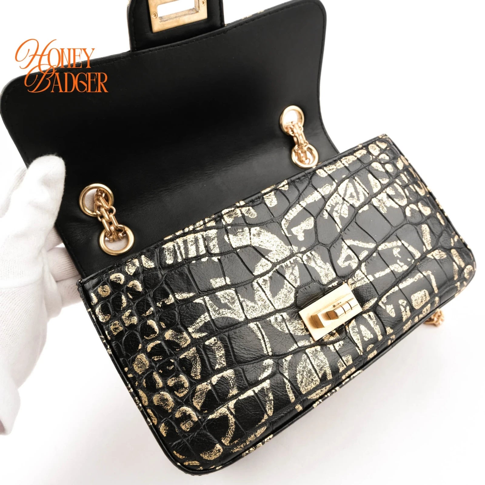 Chanel 2.55 Reissue Crocodile-Embossed Leather Graffiti Black Gold Rank A
