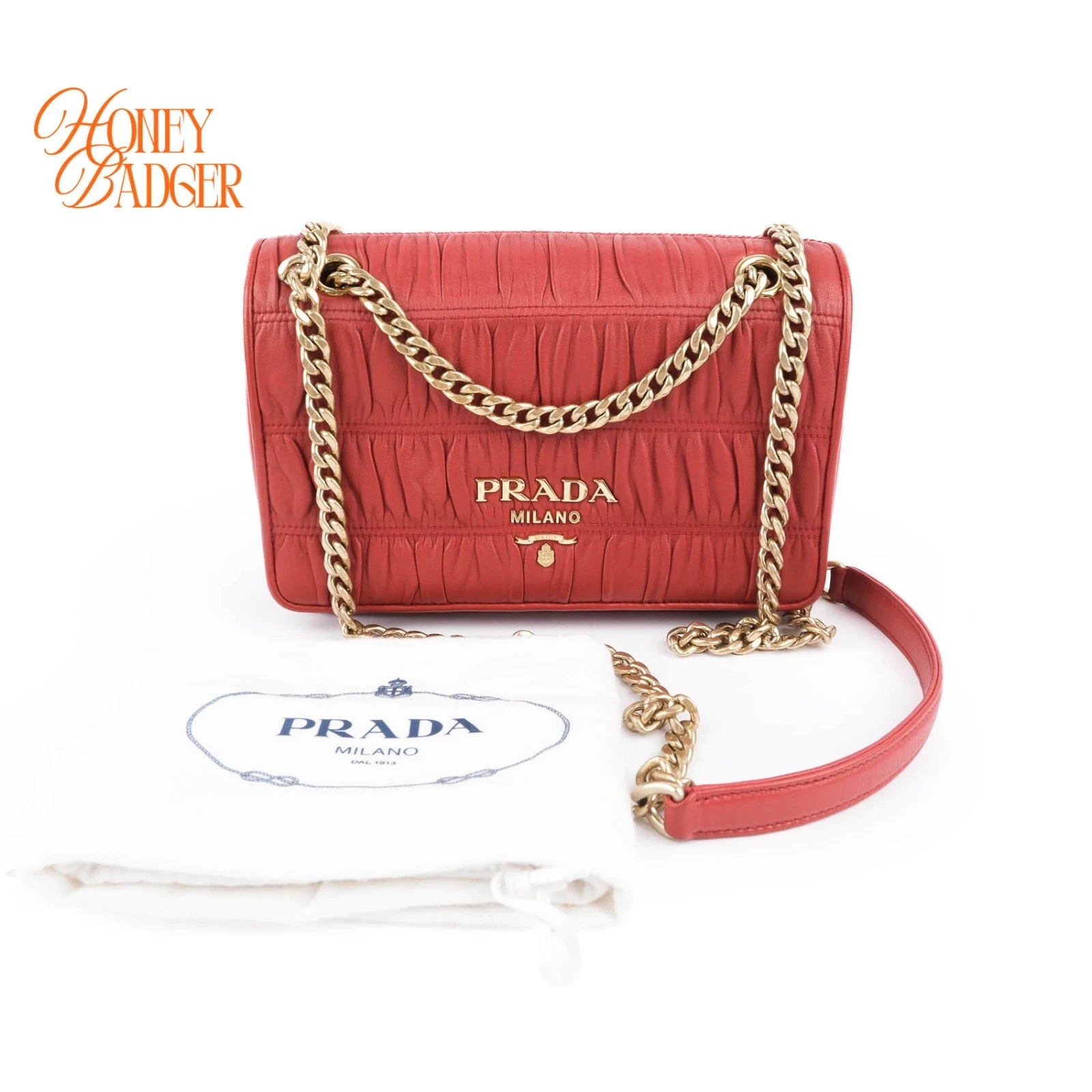 Prada Gauffre Ruched Leather Chain Flap Shoulder Bag Red Gold Hardware