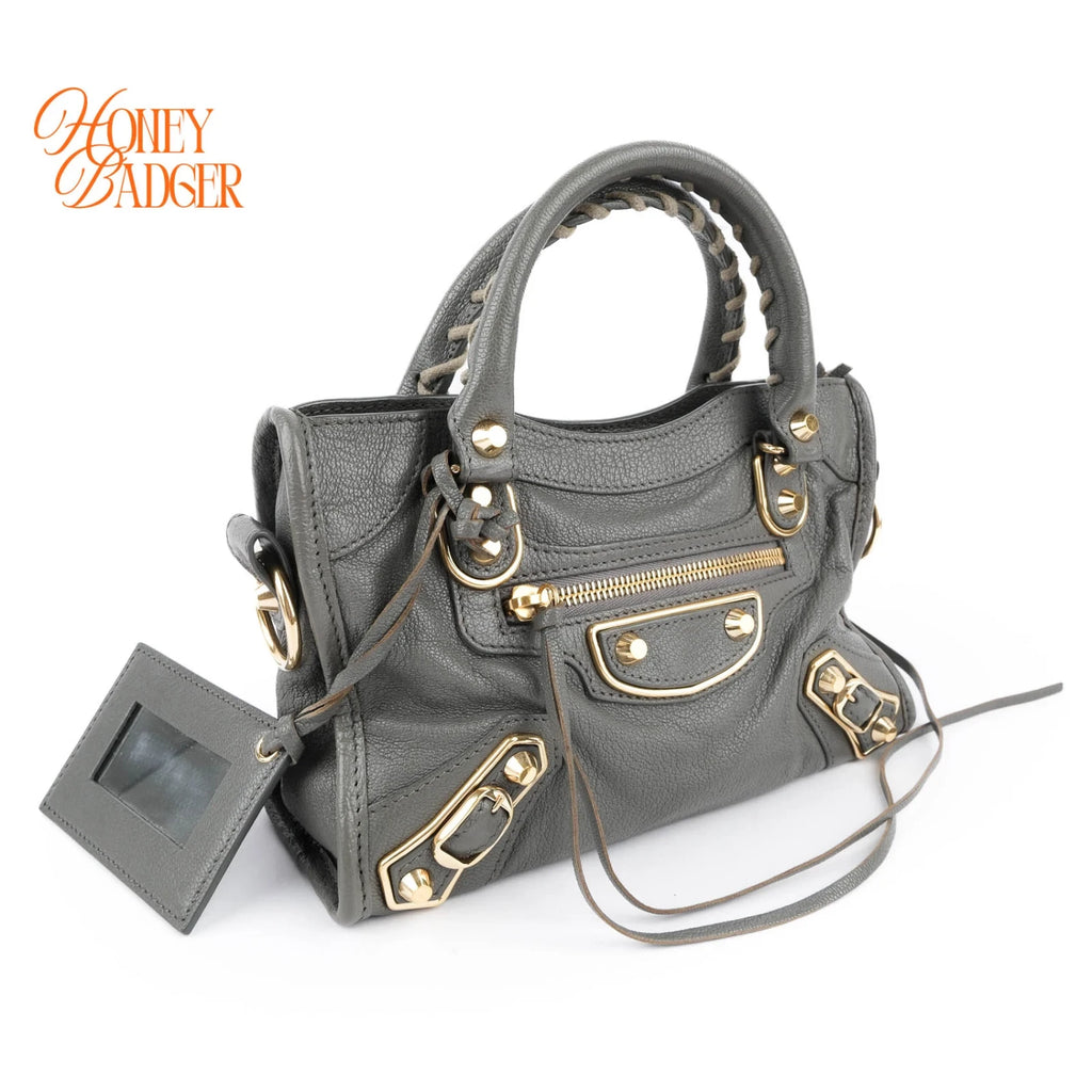 Balenciaga Classic Mini City Grey Leather 2WAY Handbag Gold Edge Studs 390160