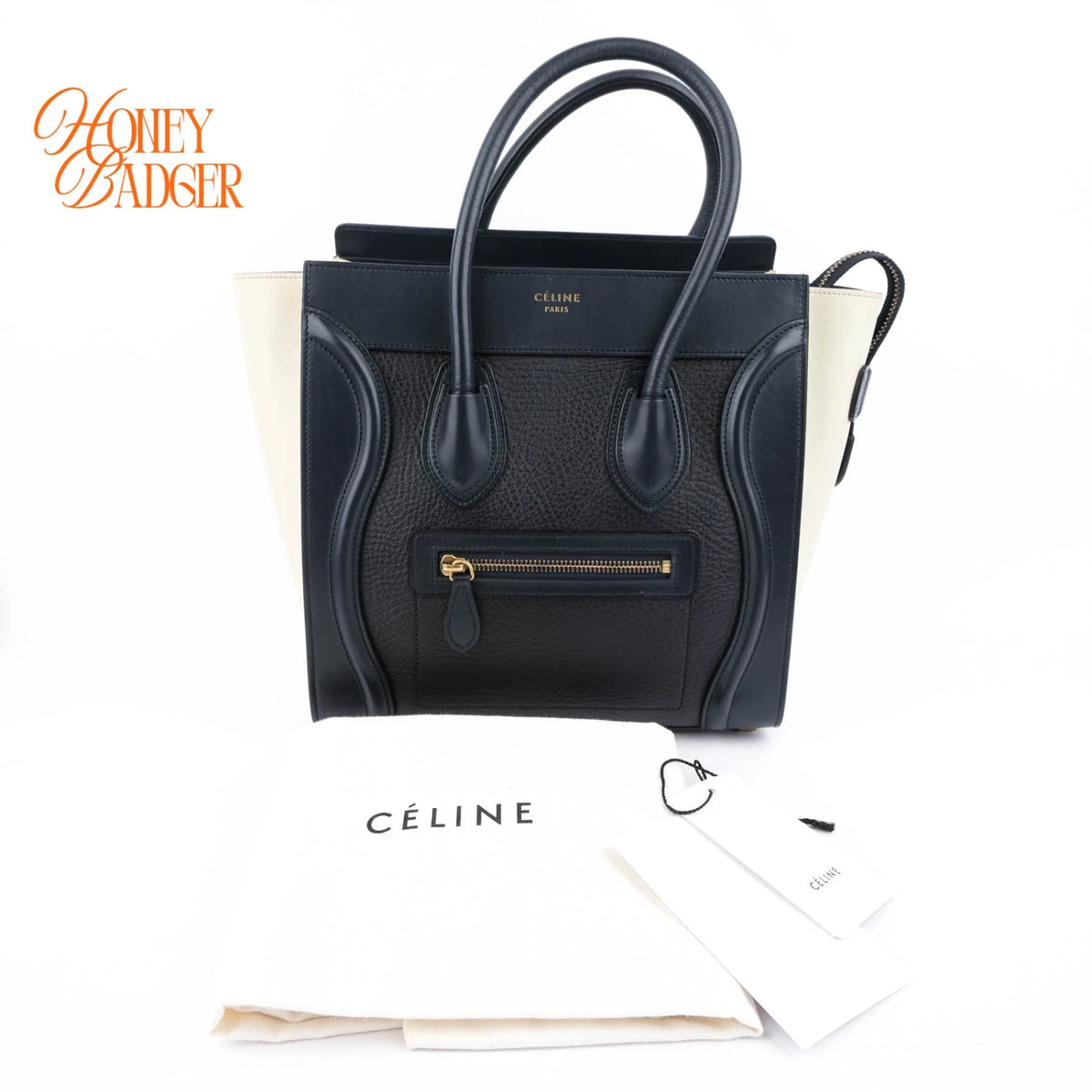 Celine Micro Luggage Shopper Tri-Color Navy Black Cream Beige Gold Hardware Rank AB
