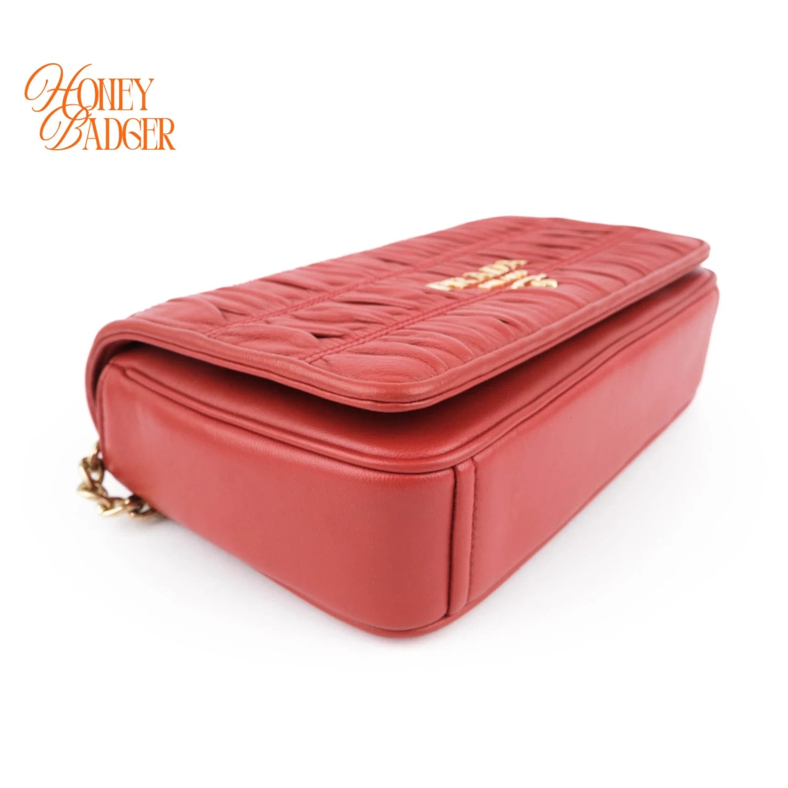 Prada Gauffre Ruched Leather Chain Flap Shoulder Bag Red Gold Hardware