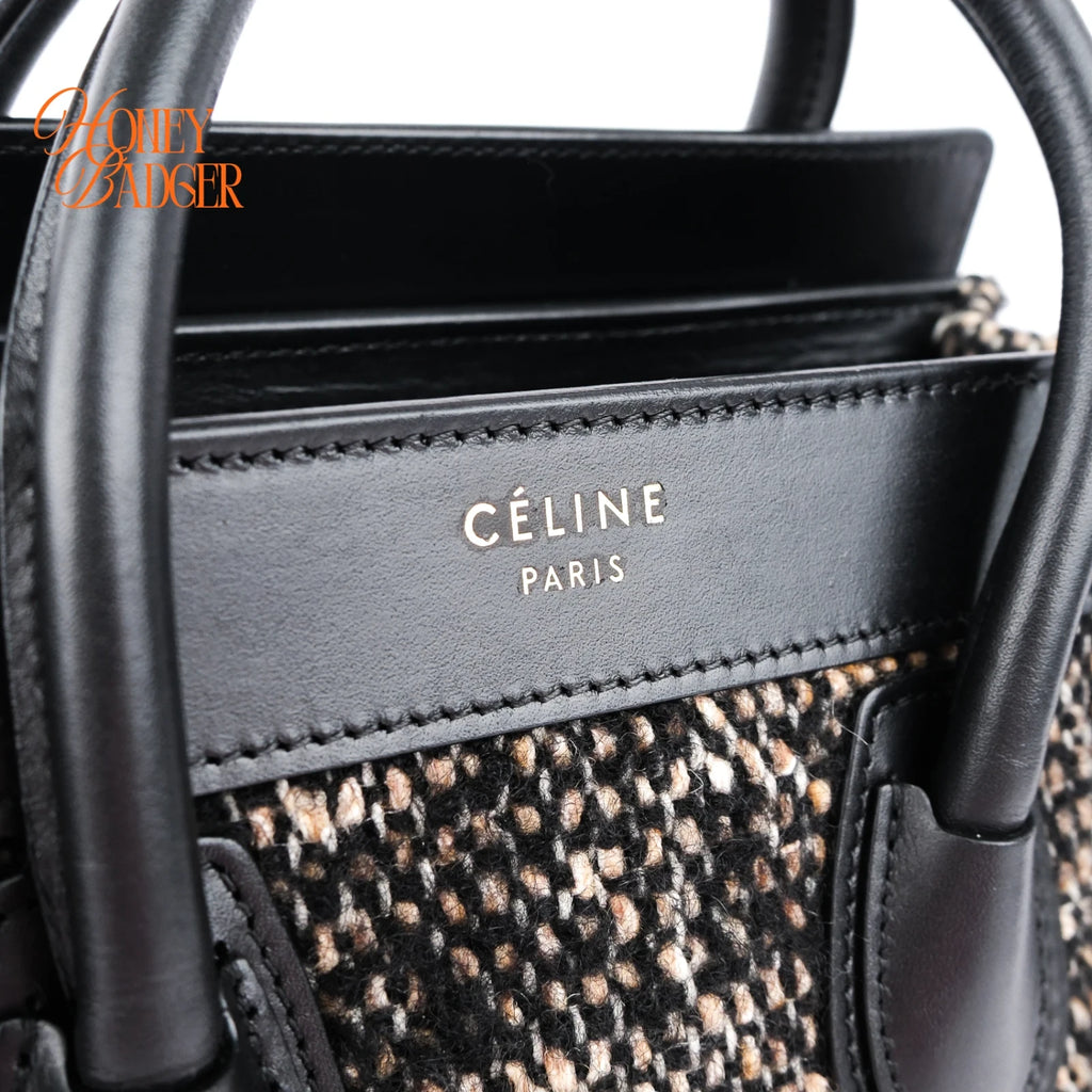 Celine Luggage Nano Tweed Black Leather 2-Way Bag Rank AB