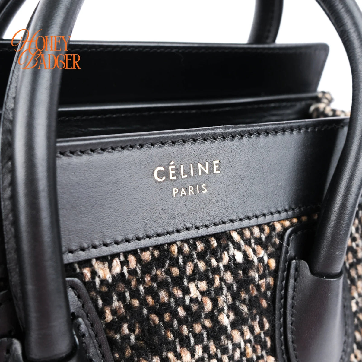 Celine Luggage Nano Tweed Black Leather 2-Way Bag Rank AB