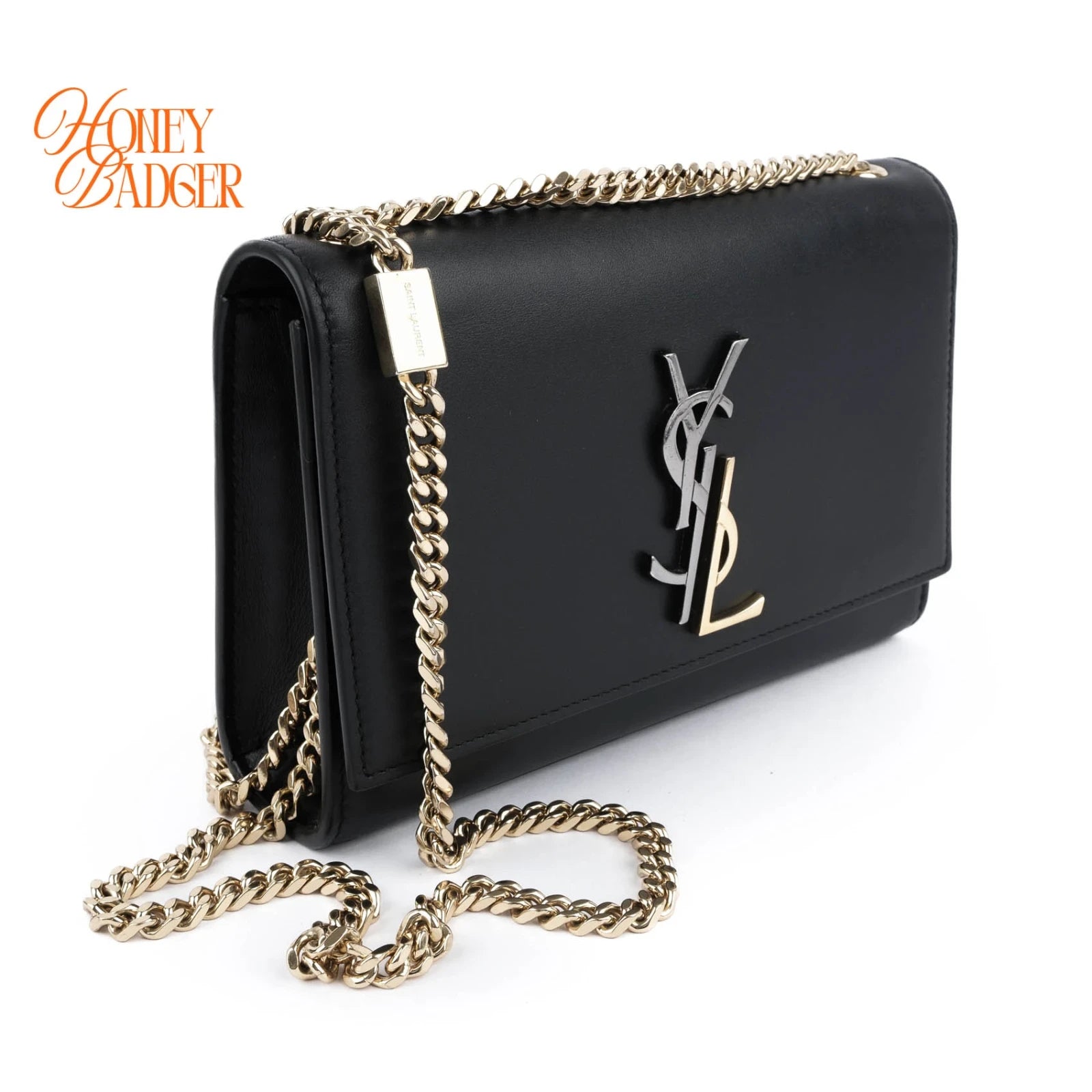 Saint Laurent Kate Small Bicolor Logo Chain Shoulder Bag Black Leather 469390