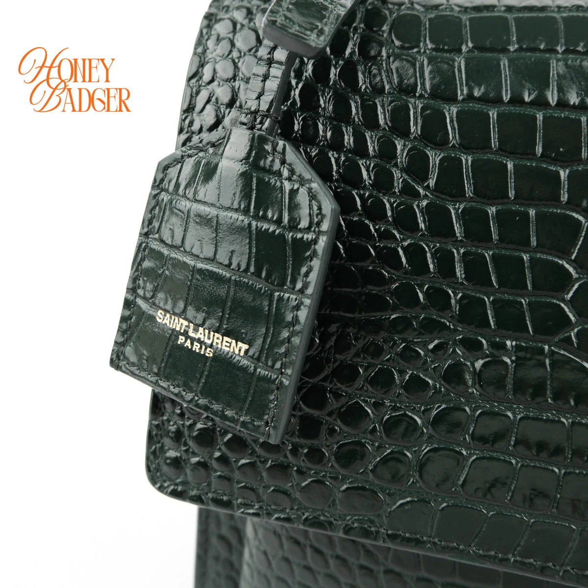 Saint Laurent Sunset Medium Croc-Embossed Leather Green Gold Hardware Rank A