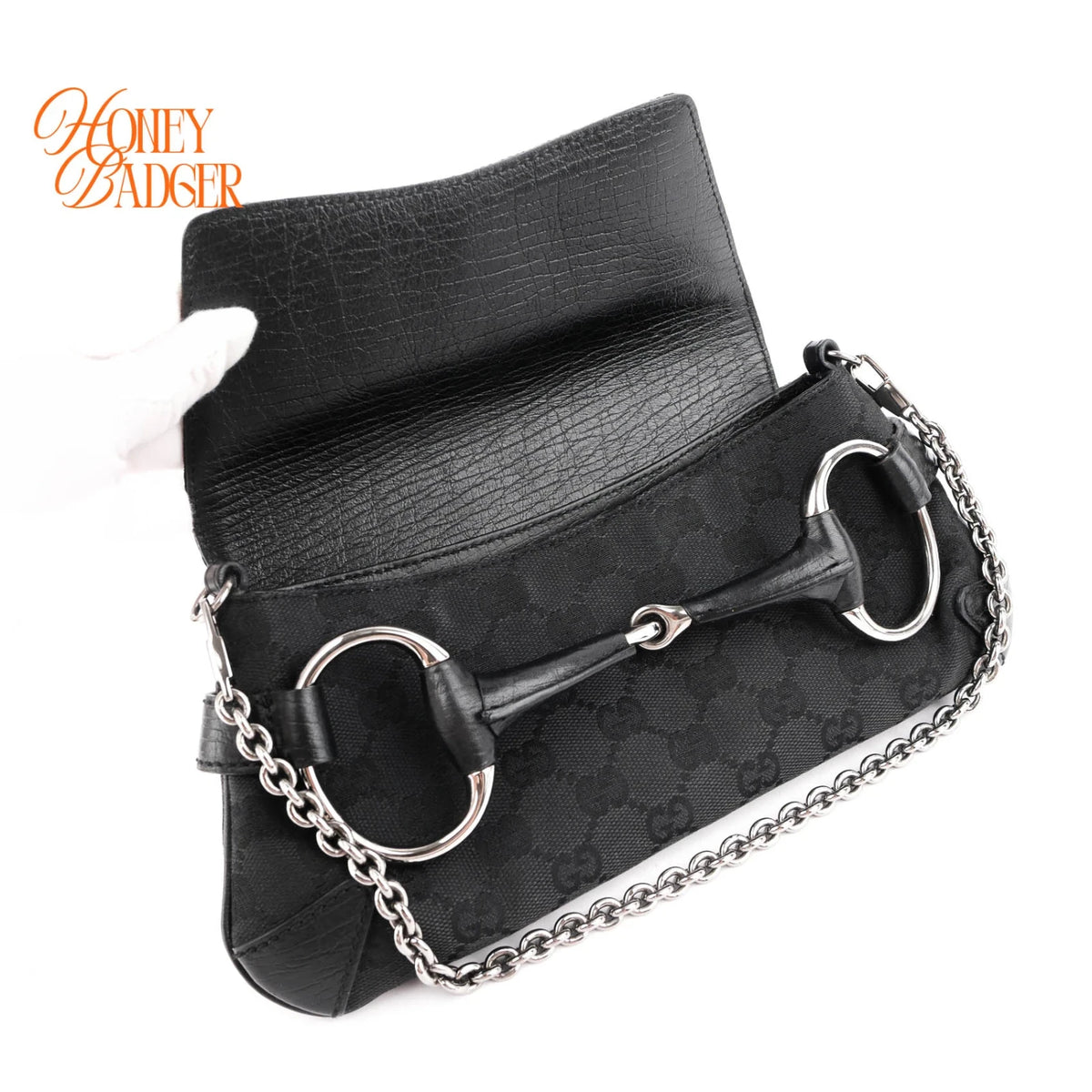 Gucci Horsebit Chain Clutch GG Canvas Black Silver Hardware Rank A