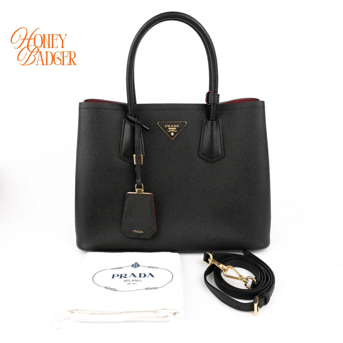 Prada Double Bag Large Saffiano Leather Black/Red Rank AB