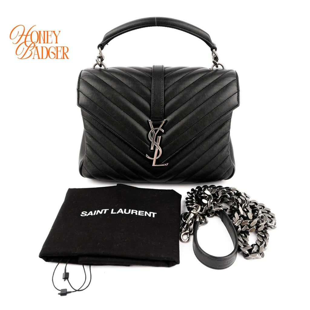 Saint Laurent College Medium Chevron Quilted Leather Black Silver Hardware