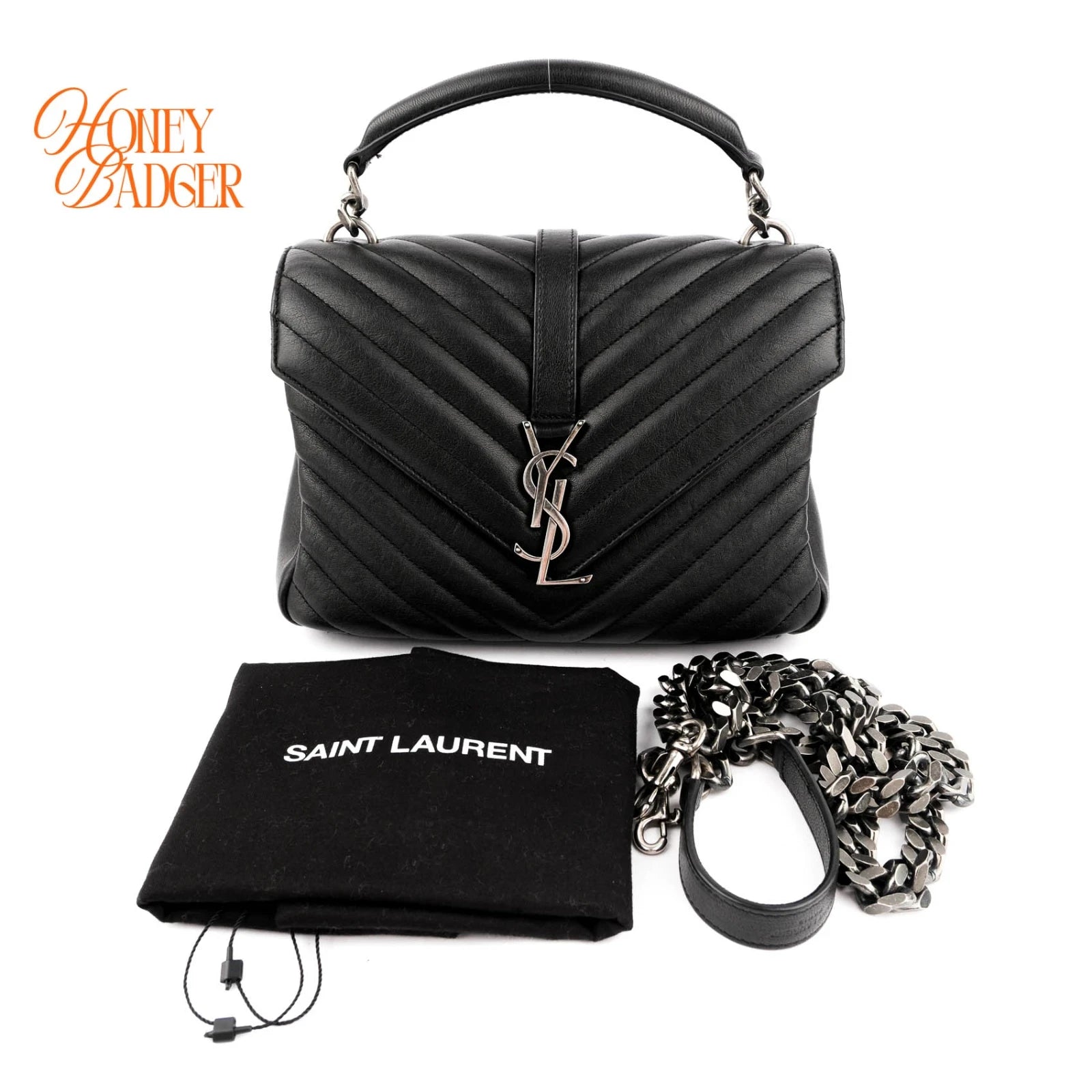 Saint Laurent College Medium Chevron Quilted Leather Black Silver Hardware