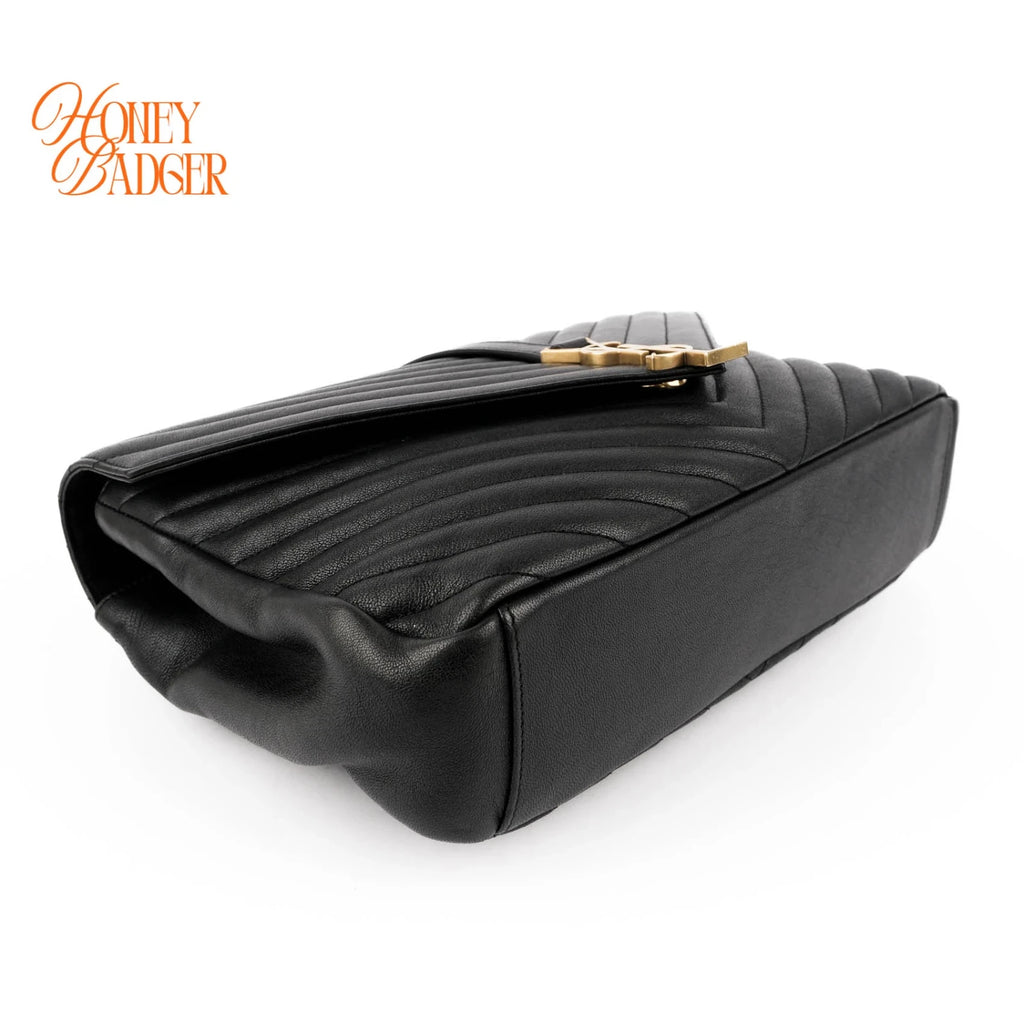 Saint Laurent College Medium Chevron Quilted Leather Black Rank A