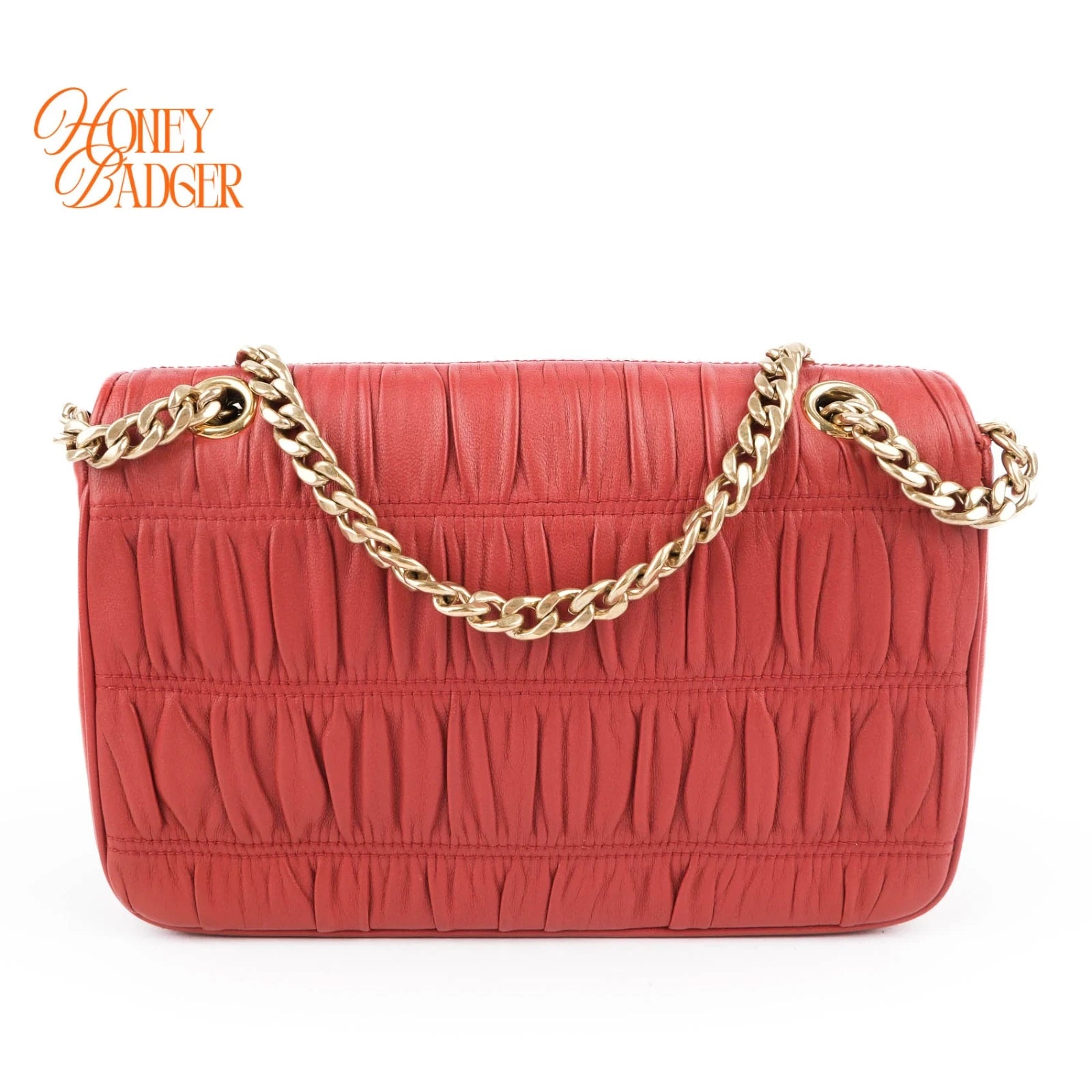 Prada Gauffre Ruched Leather Chain Flap Shoulder Bag Red Gold Hardware