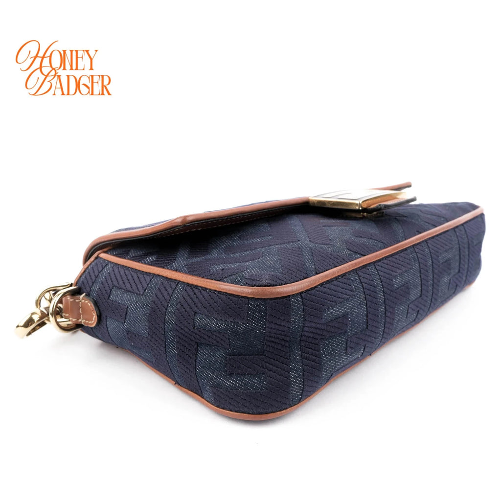 Fendi Baguette Medium FF Zucca Jacquard Canvas Navy Camel Gold Hardware Rank A