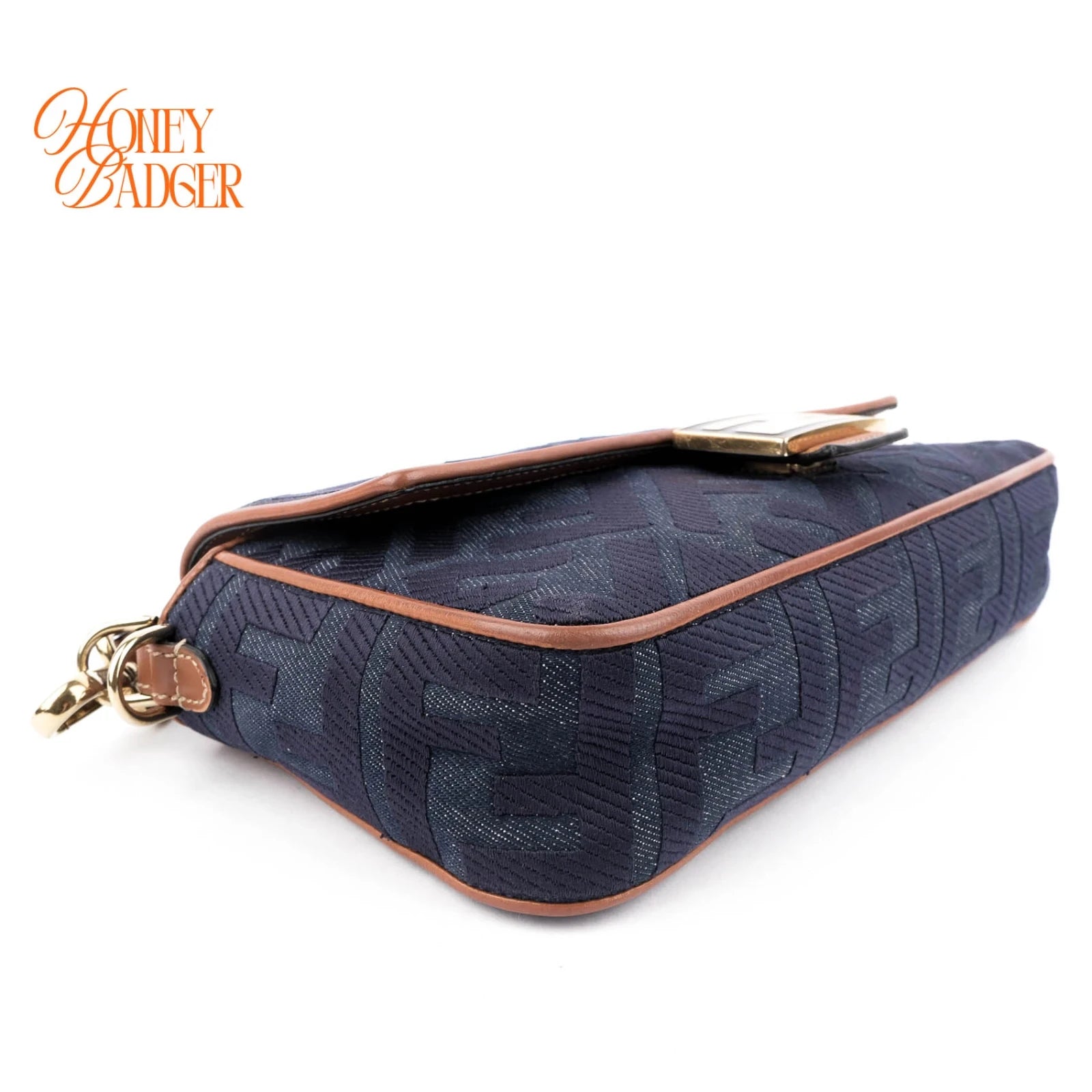 Fendi Baguette Medium FF Zucca Jacquard Canvas Navy Camel Gold Hardware Rank A