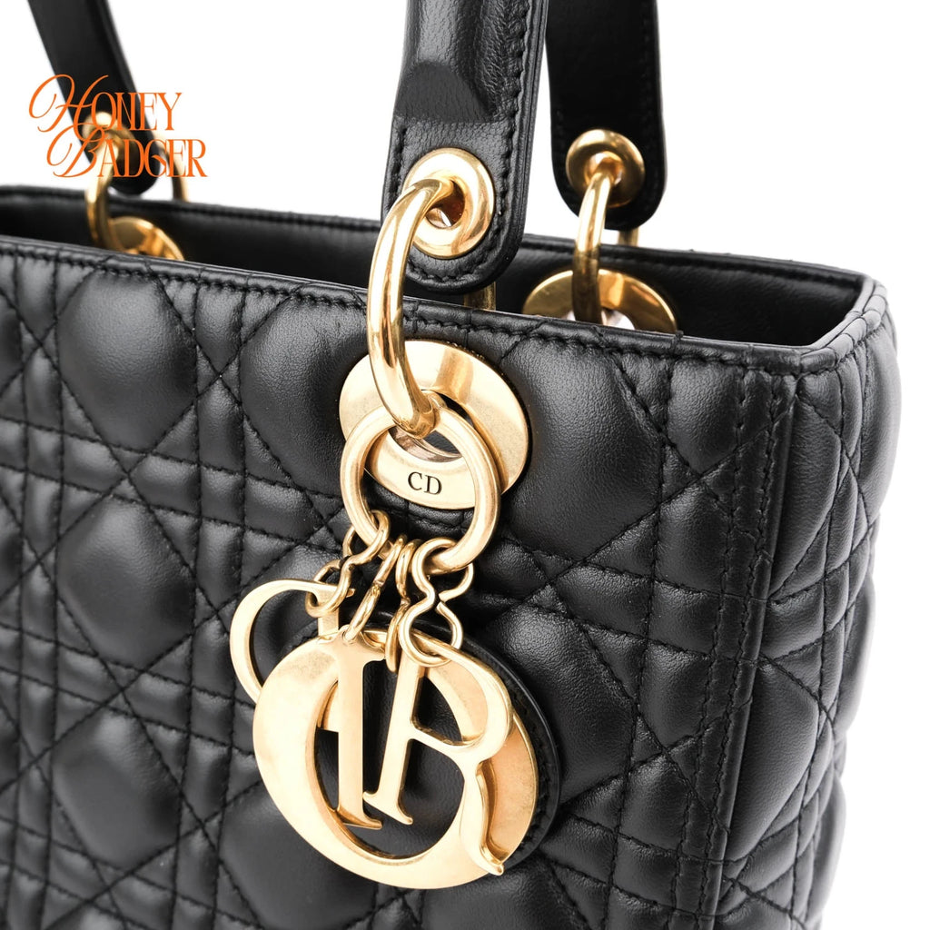 Dior Lady Dior Medium Cannage Lambskin Black Pale Gold Hardware Rank A