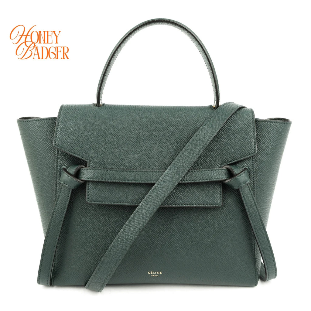 Celine Belt Bag Mini Grained Calfskin Amazone Dark Green Gold Hardware Rank AB