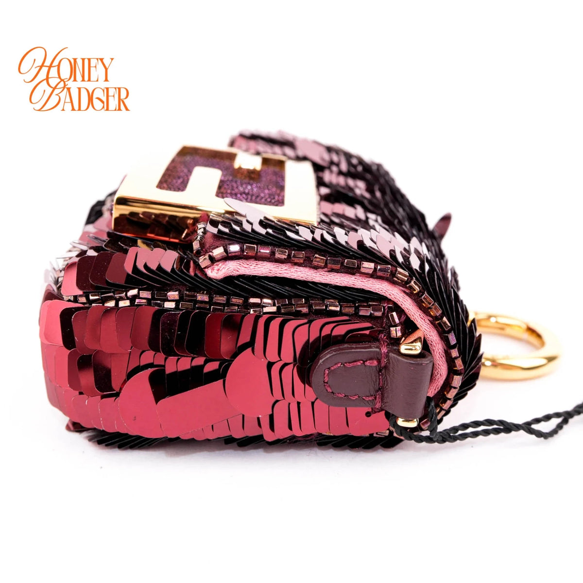 Fendi Nano Baguette Charm Embellished Sequins Granata Maxi FF Buckle Gold Hardware Rank S
