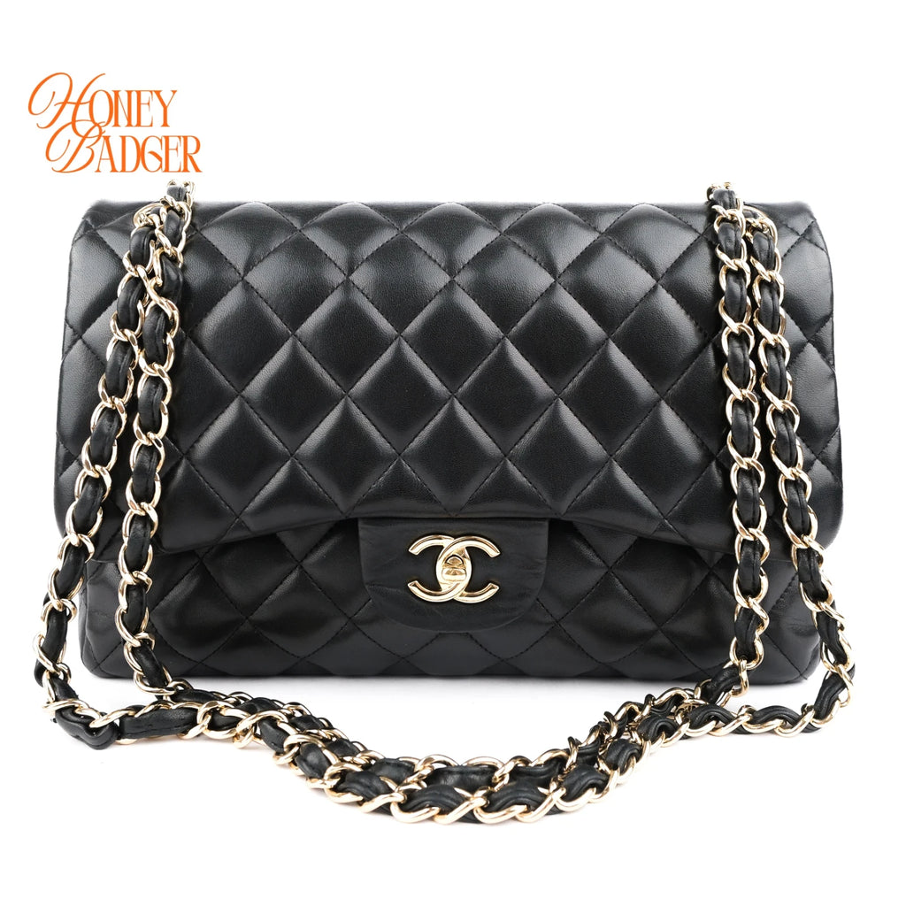 Chanel Classic Double Flap Jumbo 30 Lambskin Black Gold Hardware Rank AB