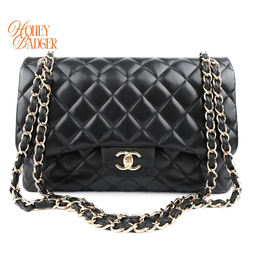 Chanel Classic Double Flap Jumbo 30 Lambskin Black Gold Hardware Rank AB