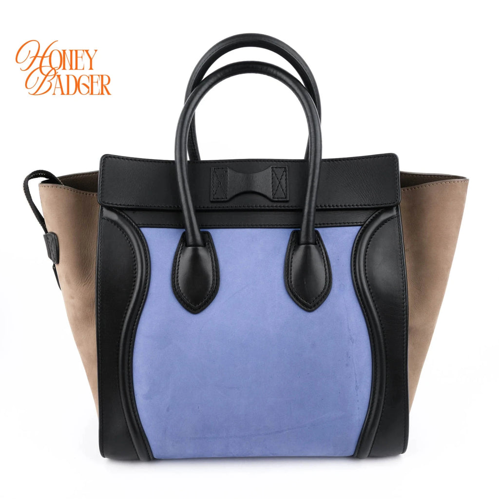 Celine Mini Luggage Tri-Color Nubuck & Calfskin Royal Blue Grey Black Gold Hardware Rank AB