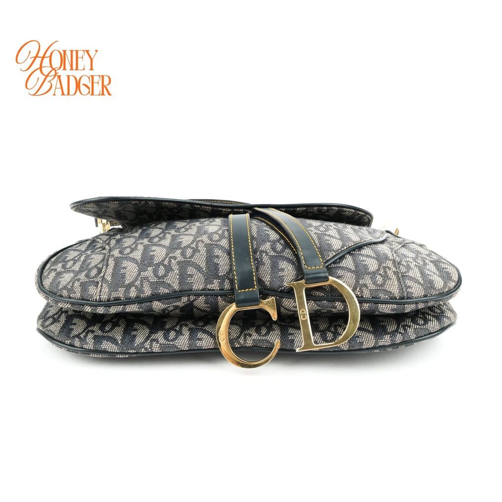 Dior Vintage Double Saddle Bag Oblique Canvas Navy Gold Hardware Rank A