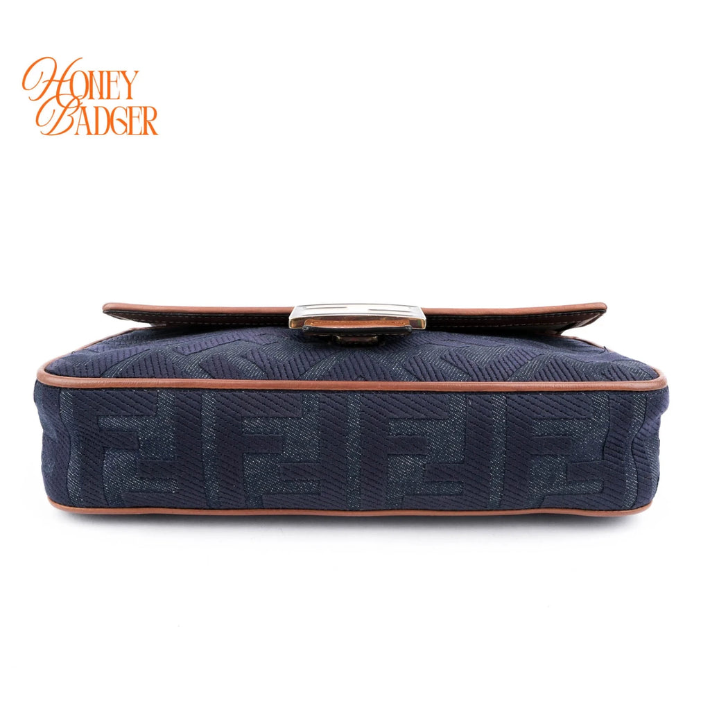 Fendi Baguette Medium FF Zucca Jacquard Canvas Navy Camel Gold Hardware Rank A