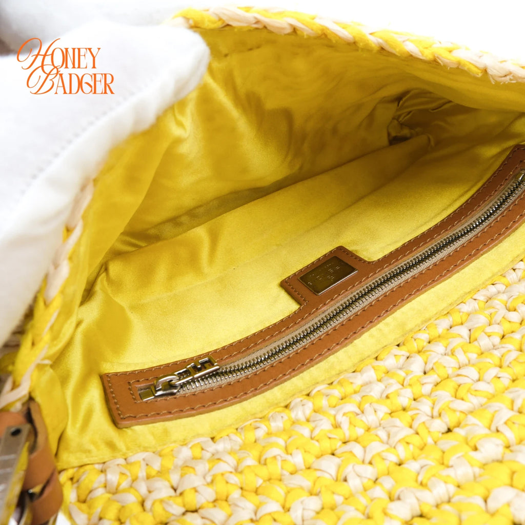 Fendi Mamma Baguette Raffia Crochet Yellow Brown Shoulder Bag Rank AB