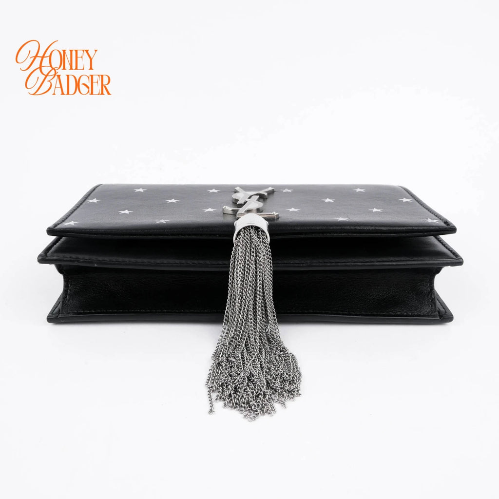 Saint Laurent Kate Small Tassel Chain Shoulder Bag Black Leather with Silver Star Print