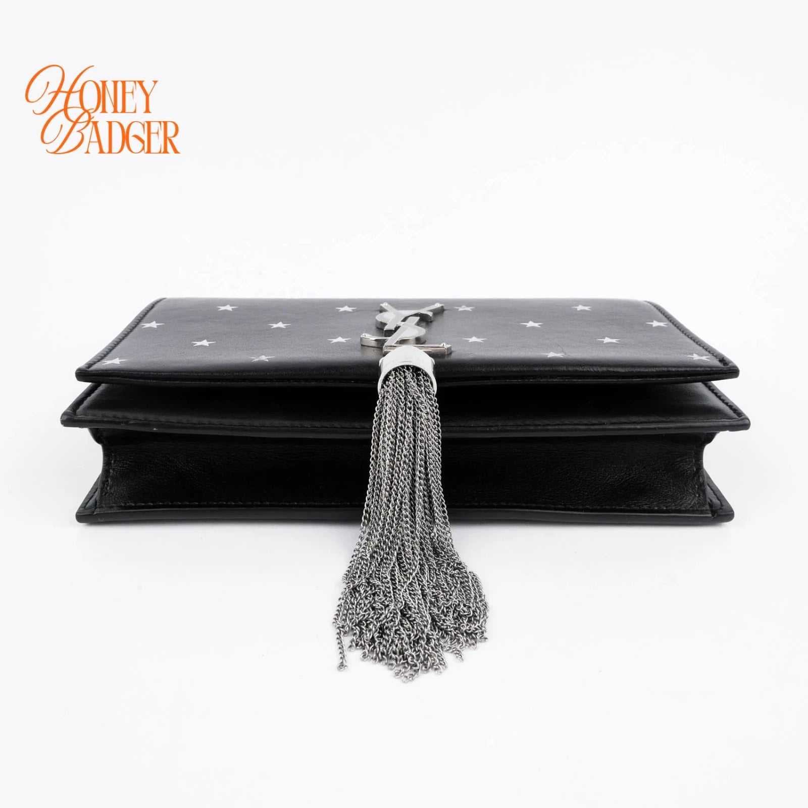 Saint Laurent Kate Small Tassel Chain Shoulder Bag Black Leather with Silver Star Print